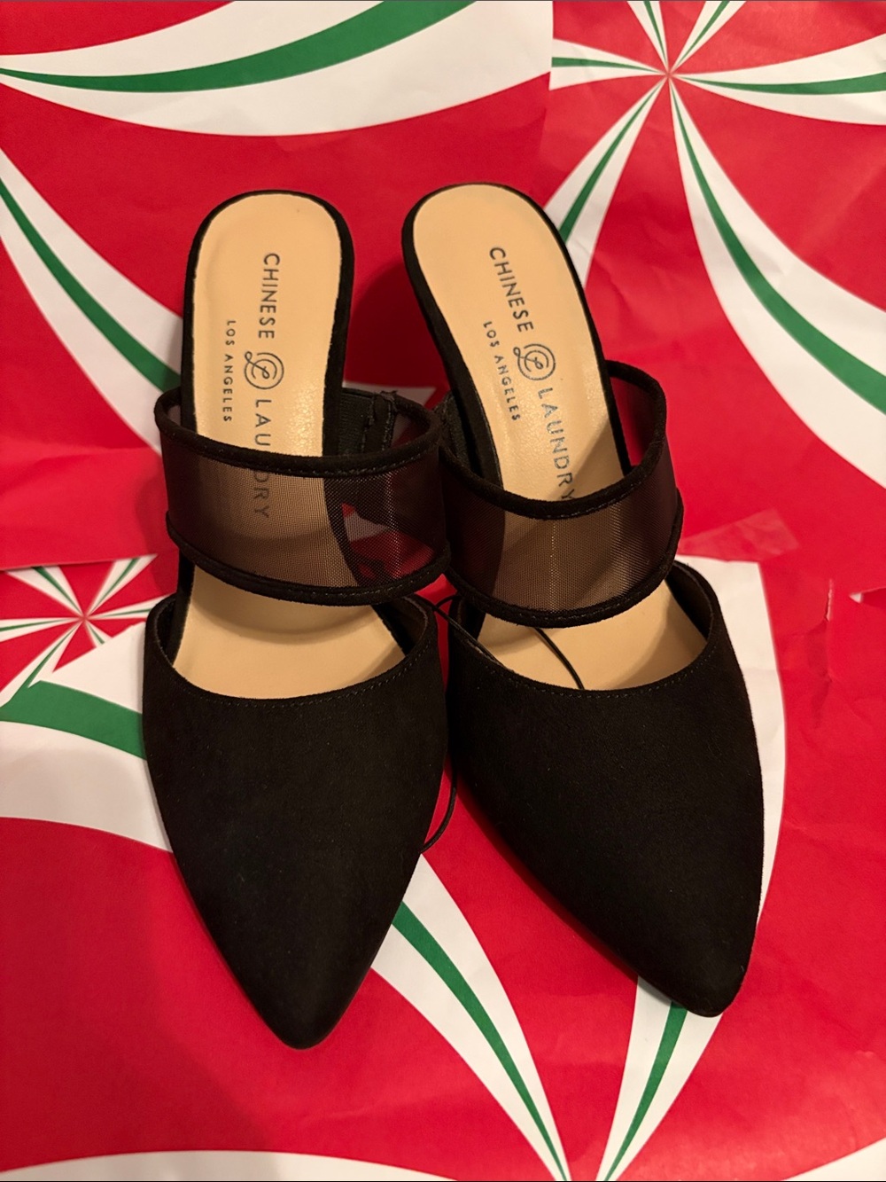 Chinese Laundry Black Pointed Mesh Double-Strap Mules